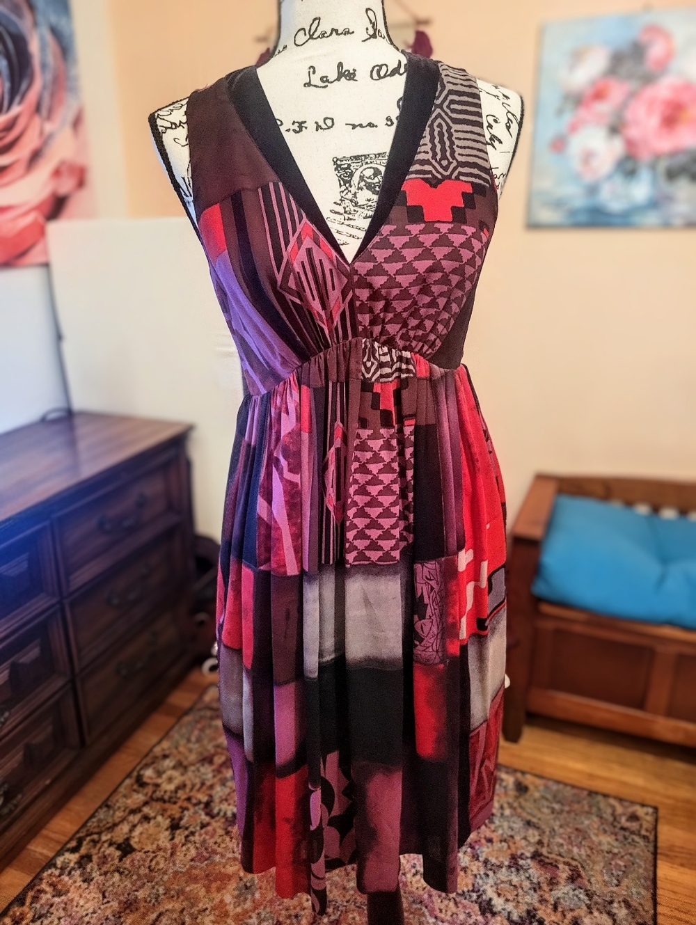 Etro 100% Silk Velvet Detail V-Neck Sleeveless Patchwork Midi Dress, EUC, Large - Picture 3 of 16